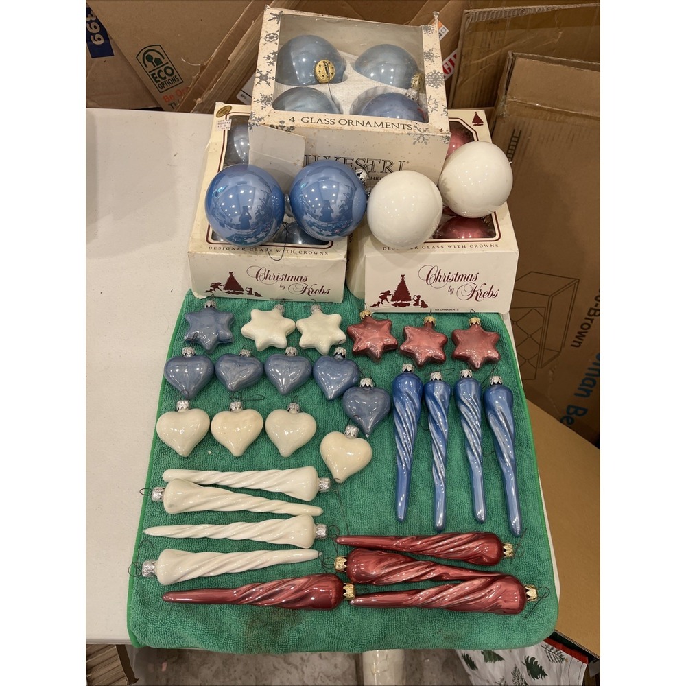 Lot 47 Silvestri Krebs Pink Blue White Glass Balls Star Heart Icicles Ornaments